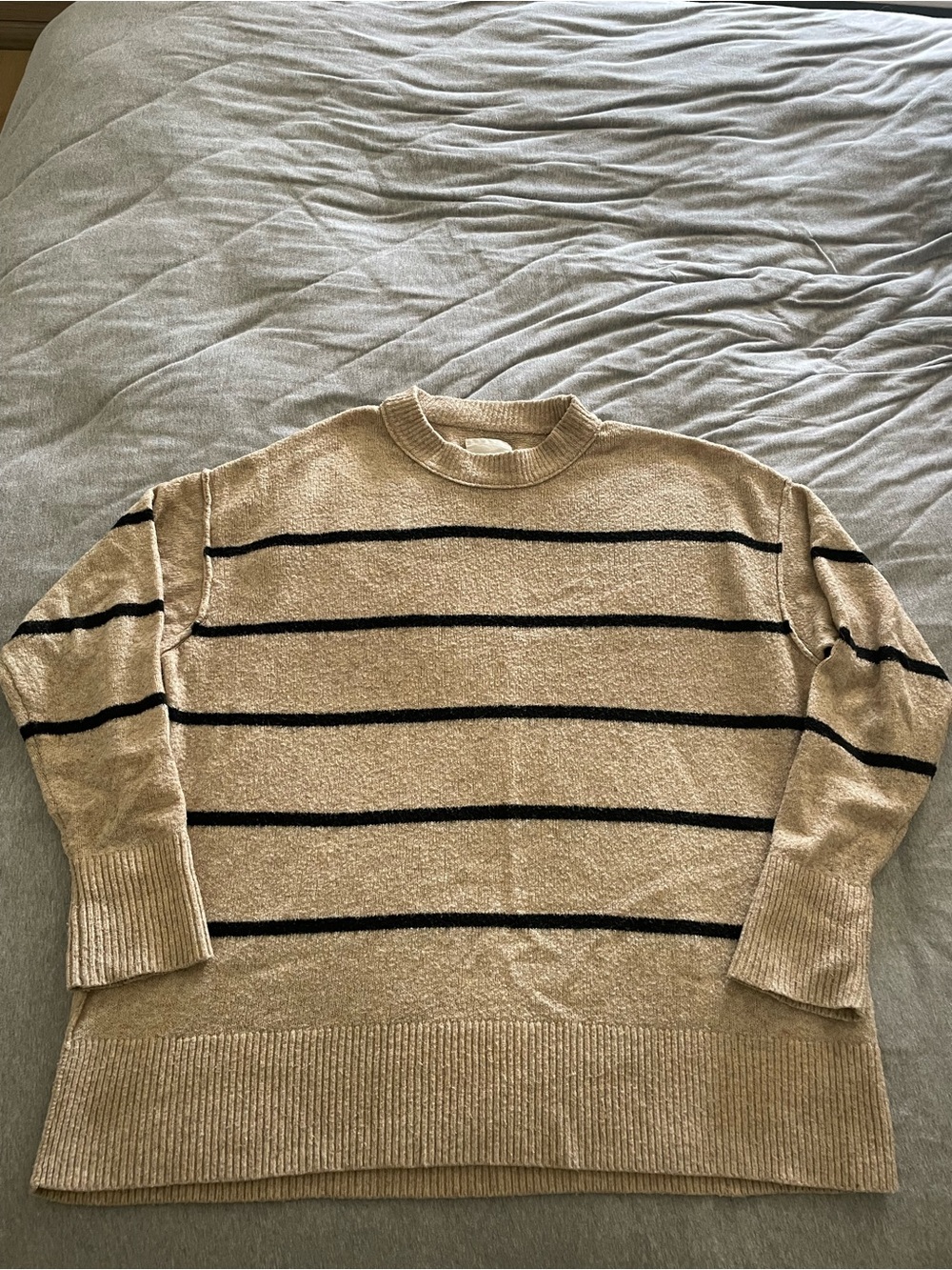 aerie Beige and Black Striped Crewneck Sweater